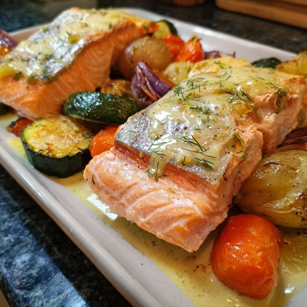 Lachs mit Ofengemüse & Zitronen-Dill-Sauce